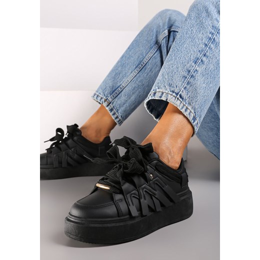 Czarne Sznurowane Sneakersy na Platformie Ozdobione Paskami Lerinique ze sklepu renee.pl w kategorii Buty sportowe damskie - zdjęcie 174634905