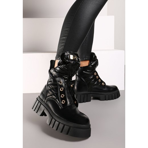 Czarne Pikowane Botki na Grubej Tłoczonej Podeszwie Lerily ze sklepu born2be.pl w kategorii Botki - zdjęcie 174645395