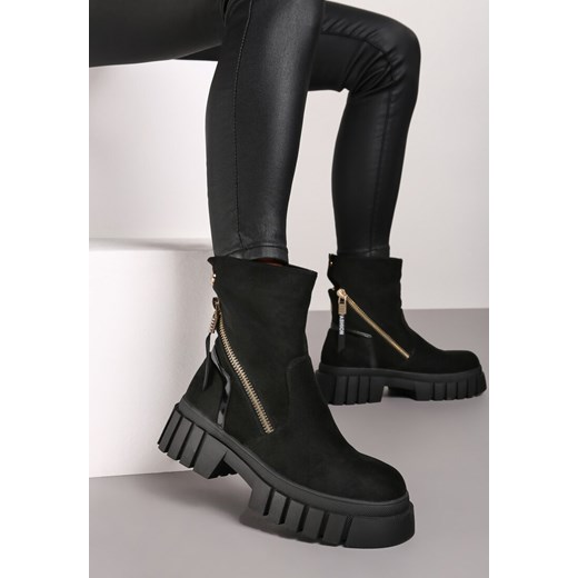 Czarne Botki Trapery na Grubej Podeszwie Ozdobione Suwakiem Lerisia 36 promocja born2be.pl