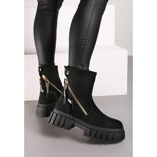 Czarne Botki Trapery na Grubej Podeszwie Ozdobione Suwakiem Lerisia 37 wyprzedaż born2be.pl