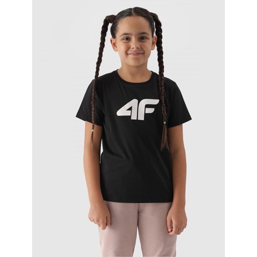 Dziewczęcy t-shirt z nadrukiem 4F 4FJWMM00TTSHF1803 - czarny ze sklepu Sportstylestory.com w kategorii Bluzki dziewczęce - zdjęcie 174652435