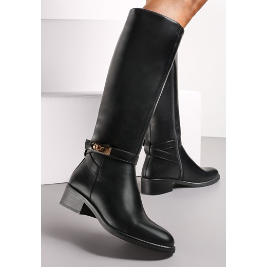 Czarne Kozaki Oficerki na Płaskim Obcasie z Ozdobną Klamrą Idellata Renee 37 renee.pl
