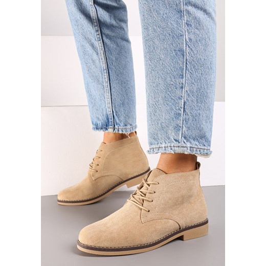 Botki beżowe Renee sznurowane zimowe płaskie 