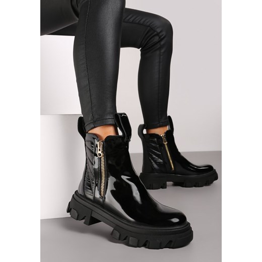 Czarne Lakierowane Płaskie Botki Workery z Ozdobną Taśmą z Napisem i Suwakiem Renee 40 okazja renee.pl