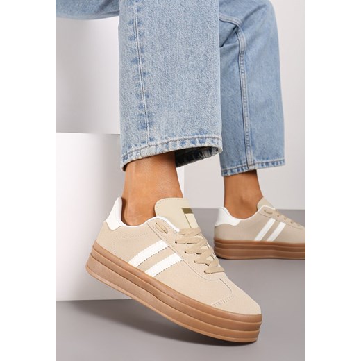 Beżowe Sneakersy na Platformie z Minimalistycznymi Przeszyciami Teritha ze sklepu born2be.pl w kategorii Buty sportowe damskie - zdjęcie 174663156