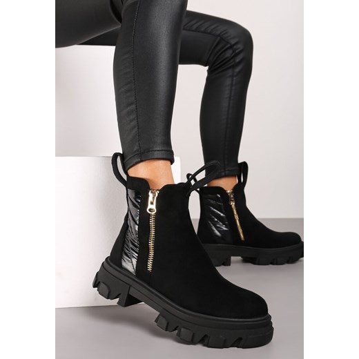 Czarne Botki za Kostkę z Ozdobnym Suwakiem i Taśmą z Napisem Rivilissa ze sklepu born2be.pl w kategorii Botki - zdjęcie 174663187