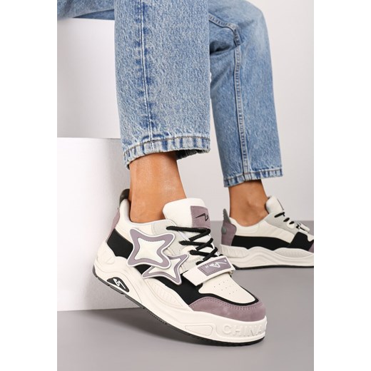 Beżowo-Fioletowe Sneakersy na Grubej podeszwie z Zapięciem na Rzep i Aplikacją na Boku Arforina ze sklepu born2be.pl w kategorii Buty sportowe damskie - zdjęcie 174669215