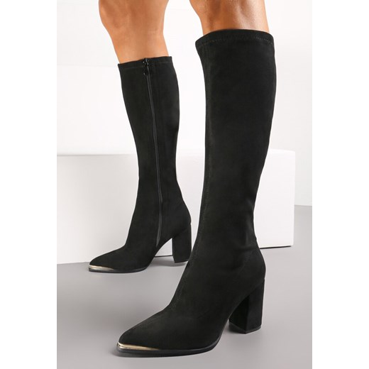 Czarne Kozaki na Obcasie z Metalicznym Szpiczastym Noskiem  Galexi Renee 37 renee.pl