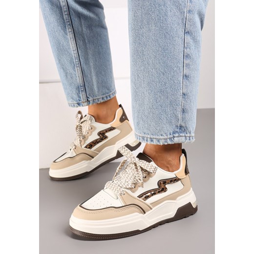 Beżowo-Brązowe Sneakersy na Grubej Podeszwie z Ozdobnymi Wstawkami w Panterkę Beriona ze sklepu born2be.pl w kategorii Buty sportowe damskie - zdjęcie 174683225