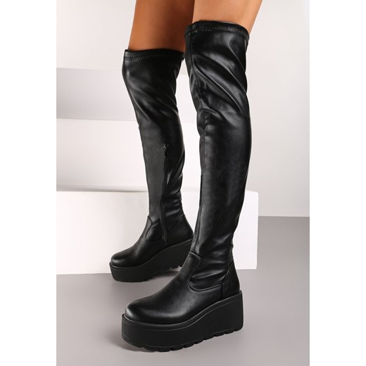 Czarne Casualowe Kozaki na Platformie i Koturnie z Ekoskóry z Dopasowaną Cholewką Erissia ze sklepu renee.pl w kategorii Kozaki damskie - zdjęcie 174685376