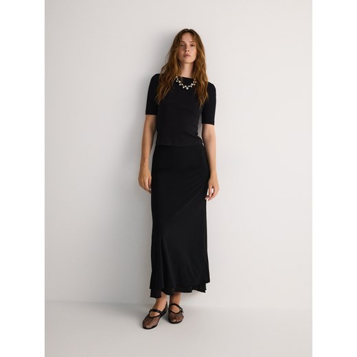 Reserved - Prążkowany t-shirt z bawełnianej dzianiny - czarny Reserved S Reserved