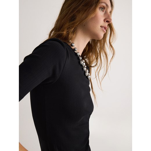 Reserved - Prążkowany t-shirt z bawełnianej dzianiny - czarny Reserved S Reserved