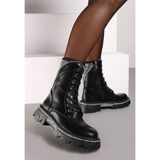 Czarne Botki w Typie Workerów z Ozdobnymi Cyrkoniami Eriselaes - id: MS25033-38-BLACK - marki Renee - 174698707 Czarne Botki w Typie Workerów z Ozdobnymi Cyrkoniami Eriselaes ze sklepu renee.pl w kategorii Workery damskie - zdjęcie 174698707