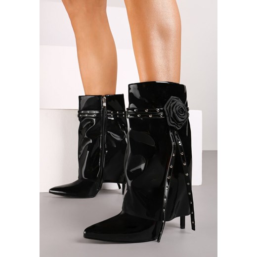 Czarne Lakierowane Botki z Cholewką Imitującą Nogawkę na Szpilce z Ozdobnym Renee 36 okazja renee.pl