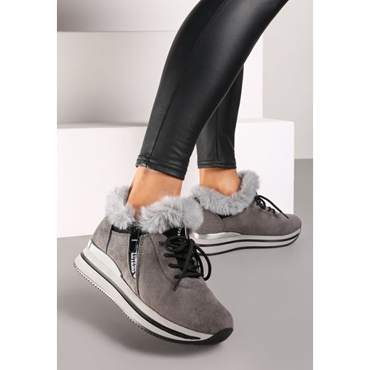 Szare Sneakersy na Płaskiej Podeszwie z Napisem i Futerkiem Taricea ze sklepu renee.pl w kategorii Buty sportowe damskie - zdjęcie 174720438