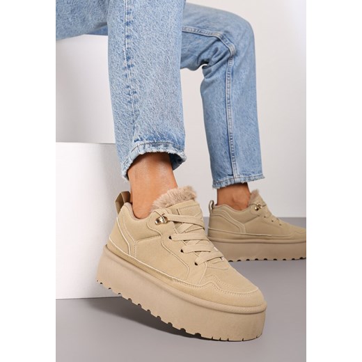 Ciemnobeżowe Sneakersy w Stylu Śniegowców z Futerkiem na Platformie Mavione ze sklepu born2be.pl w kategorii Buty sportowe damskie - zdjęcie 174721857