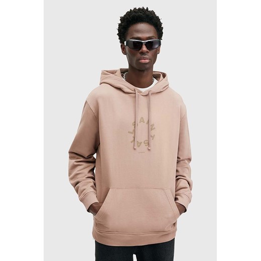 AllSaints bluza bawełniana TIERRA męska kolor beżowy z kapturem z nadrukiem M036NB ze sklepu ANSWEAR.com w kategorii Bluzy męskie - zdjęcie 174722846
