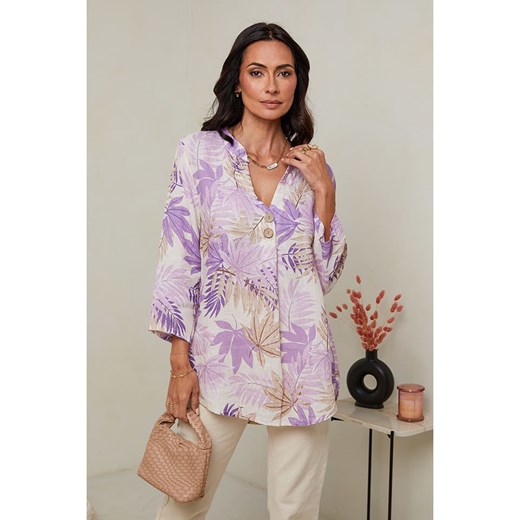 Le Monde du Lin Lniana tunika w kolorze kremowo-fioletowym ze sklepu Limango Polska w kategorii Bluzki damskie - zdjęcie 174725005