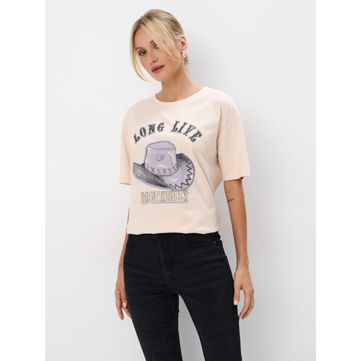Mohito - T-shirt z nadrukiem - beżowy ze sklepu Mohito w kategorii Bluzki damskie - zdjęcie 174735165