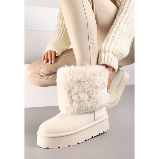 Beżowe Krótkie Śniegowce na Platformie z Futerkiem Naontia ze sklepu born2be.pl w kategorii Śniegowce damskie - zdjęcie 174735965