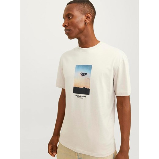 T-shirt męski beżowy Jack & Jones bawełniany z krótkimi rękawami