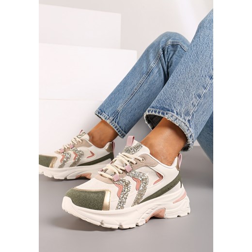 Zielono-Beżowe Sznurowane Sneakersy na Platformie Ozdobione Brokatem Betira ze sklepu renee.pl w kategorii Buty sportowe damskie - zdjęcie 174781906