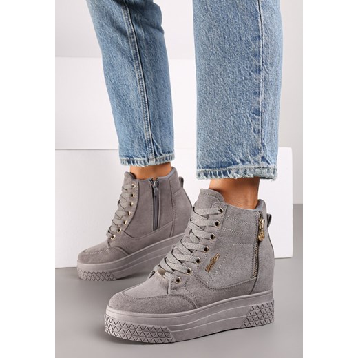 Szare Sneakersy na Ukrytym Koturnie z Metalicznymi Wstawkami i Ozdobnym Suwakiem Daimana ze sklepu born2be.pl w kategorii Buty sportowe damskie - zdjęcie 174796297