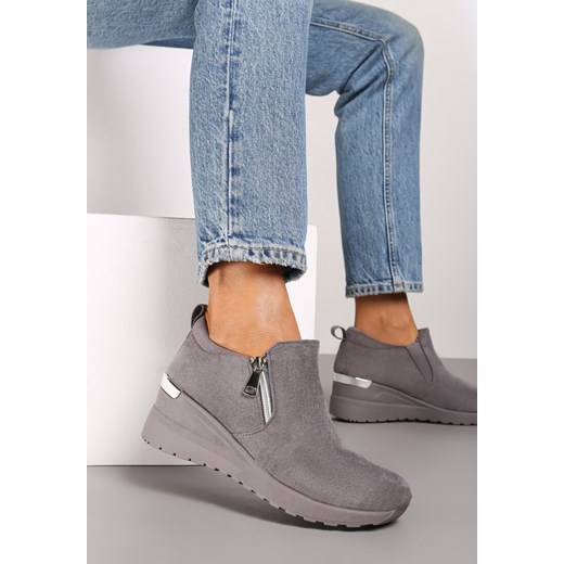 Szare Sneakersy na Koturnie z Ozdobnym Suwakiem z Boku Daivira ze sklepu renee.pl w kategorii Buty sportowe damskie - zdjęcie 174796608