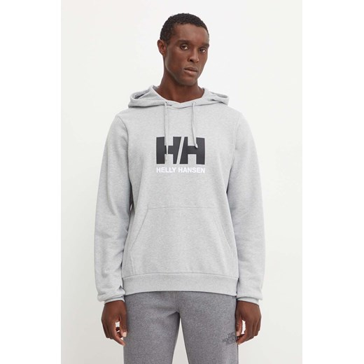 Helly Hansen bluza bawełniana HH LOGO męska kolor szary z kapturem z nadrukiem 30394 ze sklepu ANSWEAR.com w kategorii Bluzy męskie - zdjęcie 174809006