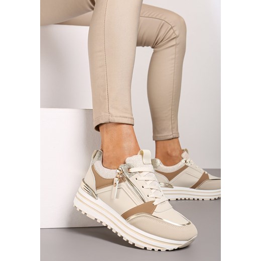 Beżowe Sneakersy na Grubej Podeszwie z Brokatowymi Wstawkami i Ozdobnym Suwakiem Mairanne ze sklepu born2be.pl w kategorii Buty sportowe damskie - zdjęcie 174812147