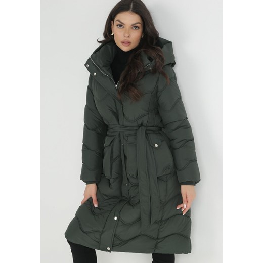 Ciemnozielona Kurtka Pikowana z Paskiem Jalogi 2XL promocyjna cena Born2be Odzież