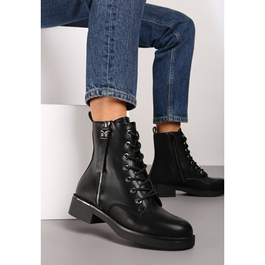 Czarne Botki Workery na Płaskiej Podeszwie z Ozdobnym Suwakiem Nailine ze sklepu renee.pl w kategorii Workery damskie - zdjęcie 174820688