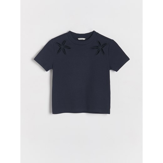 Reserved - T-shirt z haftowanym wzorem - granatowy Reserved 134/140 (8-9 lat) promocyjna cena Reserved