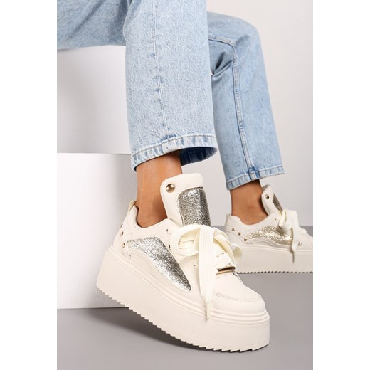 Beżowe Sneakersy na Platformie Ozdobione Nitami i Metalicznymi Elementami Azista ze sklepu renee.pl w kategorii Buty sportowe damskie - zdjęcie 174824607