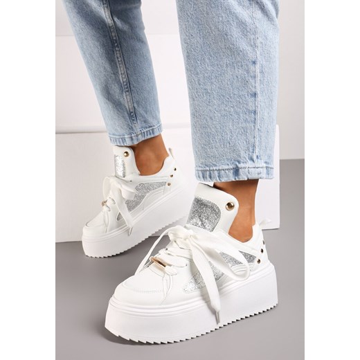 Białe Sneakersy na Grubej Podeszwie z Metalicznymi Wstawkami i Nitami Azirra ze sklepu born2be.pl w kategorii Buty sportowe damskie - zdjęcie 174825129