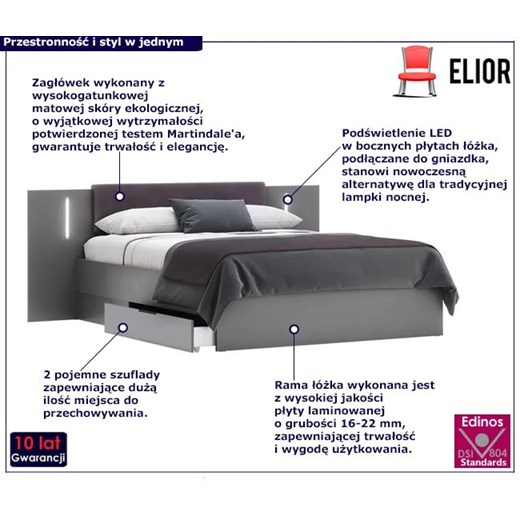 Szare nowoczesne łóżko z oświetleniem LED - Petrisa 8X Elior One Size Edinos.pl