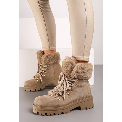 Ciemnobeżowe Traperki z Futerkiem na Grubej Podeszwie Tairene Renee 37 okazja renee.pl