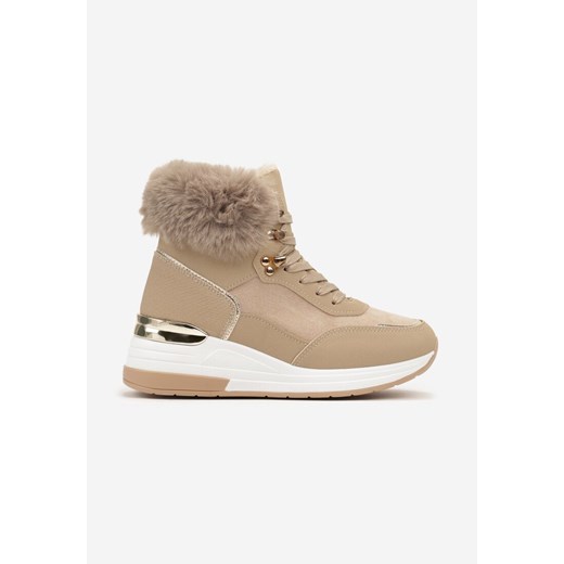 Ciemnobeżowe Sneakersy na Ukrytym Koturnie z Futerkową Wstawką i Metalicznym 36 okazyjna cena born2be.pl