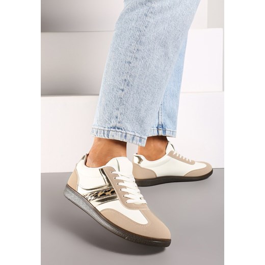 Ciemnobeżowe Casualowe Sneakersy z Geometrycznymi Wzorami i Kontrastowymi Przeszyciami Riandrea ze sklepu renee.pl w kategorii Buty sportowe damskie - zdjęcie 174875986