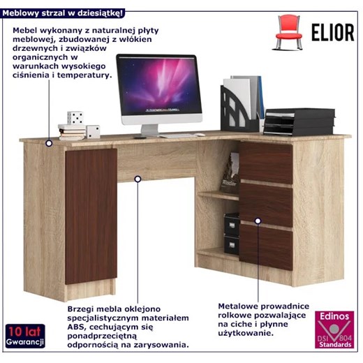 Narożne biurko komputerowe i gamingowe z szufladami dąb sonoma + wenge Elior One Size Edinos.pl
