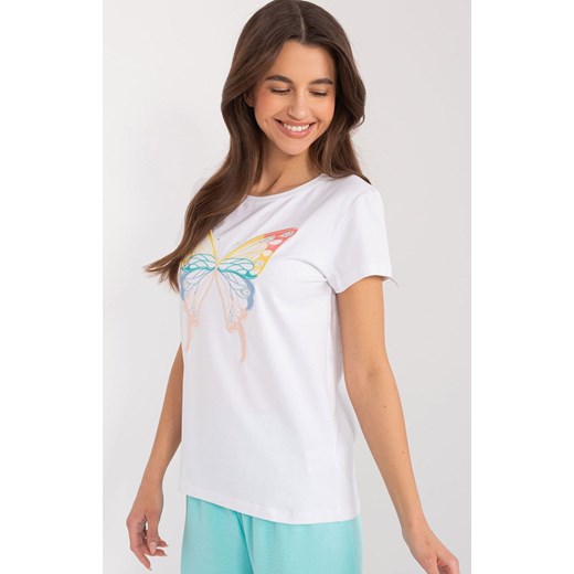 Biały t-shirt damski z motylem RV-TS-9637.39, Kolor biały-wzór, Rozmiar S/M, BASIC FEEL GOOD ze sklepu Primodo w kategorii Bluzki damskie - zdjęcie 174890157