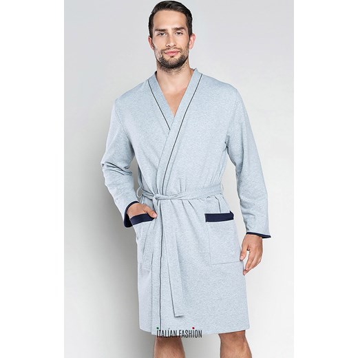 Bawełniany szlafrok męski z długim rękawem Gabriel, Kolor szary melanż-granat, Rozmiar M, Italian Fashion ze sklepu Primodo w kategorii Szlafroki męskie - zdjęcie 174895075