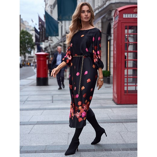 Czarna sukienka w kwiaty z bufiastymi rękawami L'AF Karin ze sklepu Eye For Fashion w kategorii Sukienki - zdjęcie 174936009