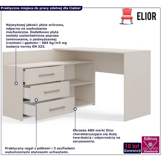 Beżowe biurko narożne z komodą kaszmir - Aramis Elior One Size Edinos.pl