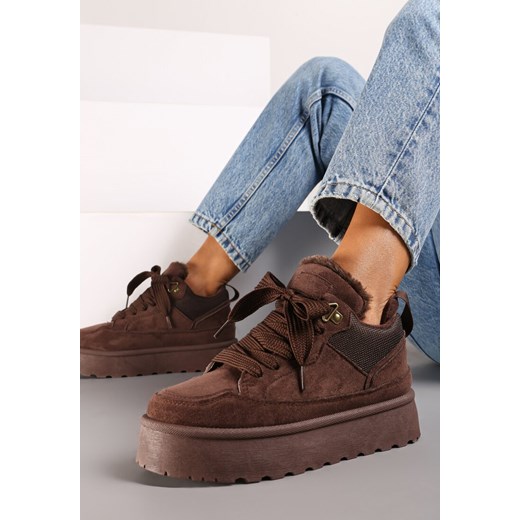 Brązowe Sznurowane Sneakersy na Grubej Podeszwie z Futerkiem Vaitaly ze sklepu born2be.pl w kategorii Buty sportowe damskie - zdjęcie 174968045