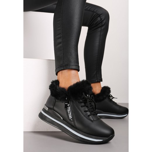 Czarne Botki Sneakersy na Grubej Podeszwie z Futerkiem Biqilee ze sklepu born2be.pl w kategorii Buty sportowe damskie - zdjęcie 174976468
