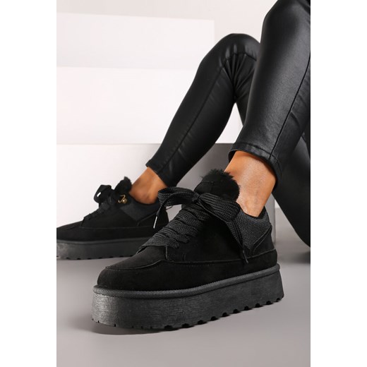 Czarne Sznurowane Sneakersy na Grubej Podeszwie z Futerkiem Vaitaly ze sklepu born2be.pl w kategorii Buty sportowe damskie - zdjęcie 174976495