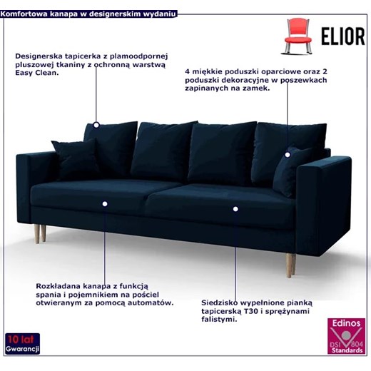 Granatowa sofa rozkładana - Diamante Elior One Size Edinos.pl