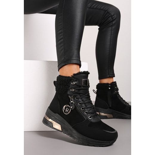 Czarne Sneakersy na Koturnie za Kostkę z Metaliczną Ozdobą i Suwakiem Sinelara ze sklepu renee.pl w kategorii Buty sportowe damskie - zdjęcie 175012456