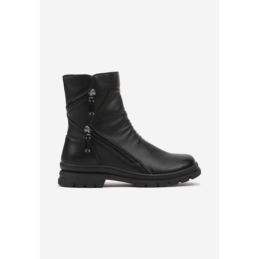 Czarne Płaskie Botki Ozdobione Marszczeniem i Suwakami Nevalenne 37 okazja born2be.pl